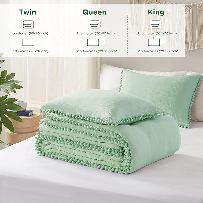 Codi Sage Green Boho Twin Comforter Set, Aesthetic Luxurious Pom Fringe Design Bedding, Cute Soft Washed Microfiber Bed Sets, Lightweight Chic,1 Comforter & 1 Pillowcase