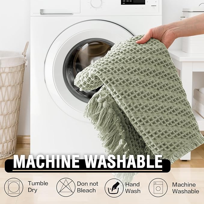 H.VERSAILTEX Waffle Bath Mat Super Absorbent Boho Bath Mat Non Slip Bath Rugs for Bathroom Floor Machine Washable Dry Fast Bathroom Rugs with Handmade Tassels, 24" x 36", Sage