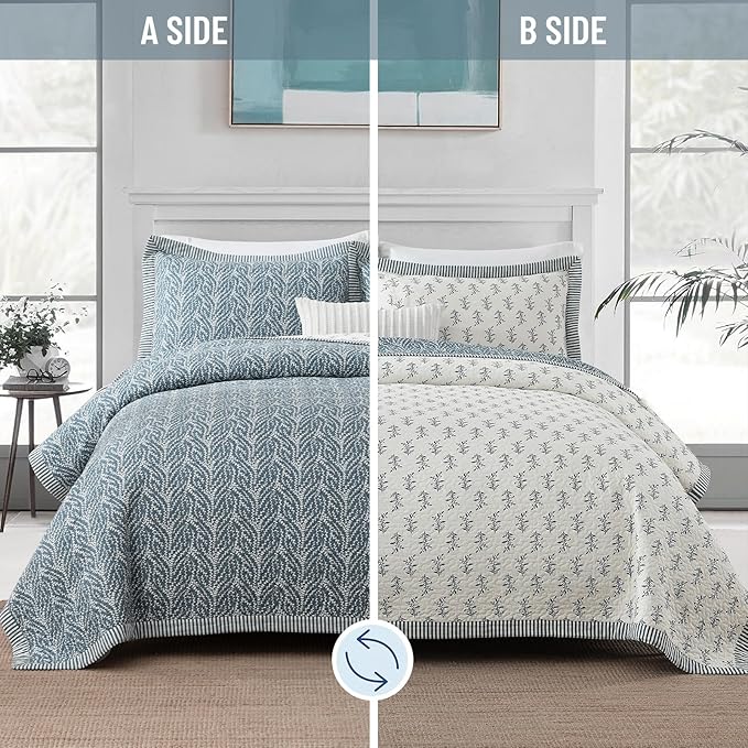 Quilt Set Queen Size - 100% Cotton Blue and White Quilt, Floral Reversible Bedspread Bedding Set, Lightweight Botanical Pattern Coverlet with 2 Pillow Shams, 3-Piece All Season, 90x98