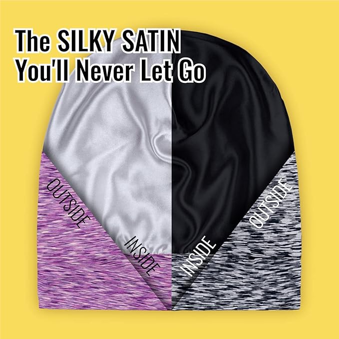 Satin Lined Sleep Cap Bonnet for Curly Hair and Braids, Stay On All Night Hair Wrap with Adjustable Strap for Women and Men, Black and Purple, Pack of 2