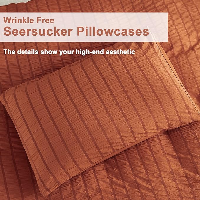 AveLom Terracotta Seersucker Duvet Cover Set Queen Size (90 x 90 inches), 3 Pieces (1 Duvet Cover + 2 Pillow Cases), Ultra Soft Washed Microfiber, Textured Duvet Cover with Zipper Closure, Corner Ties