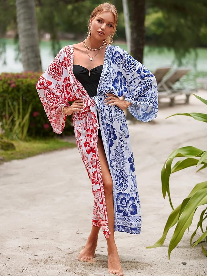 Women Casual Open Front Lightweight Cardigan Long Beach Kimono Cover Up
