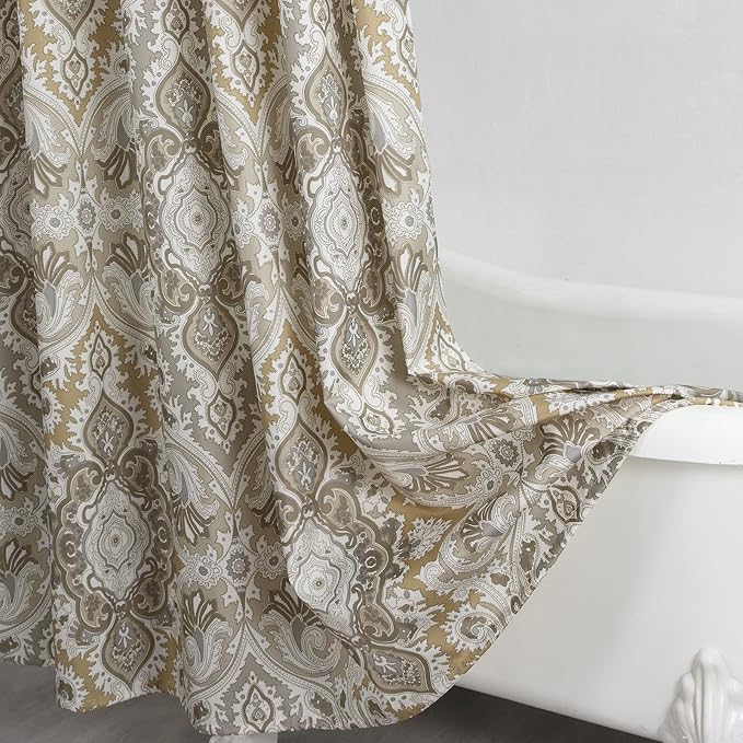 Fabric Shower Curtain, Beige Grey Blue Printed Boho Paisley Damask Pattern Shower Curtains for Bathroom, Waterproof Bathroom Curtains, 62" W x 72" H