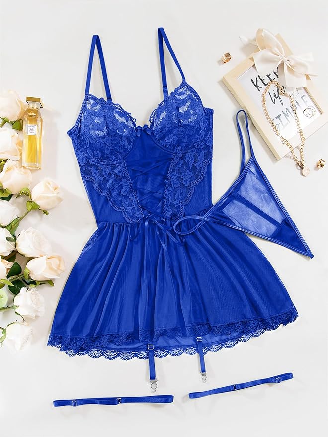 Lilosy Sexy Garter Belt Mesh Lace Babydoll Lingerie Dress Set with Thong