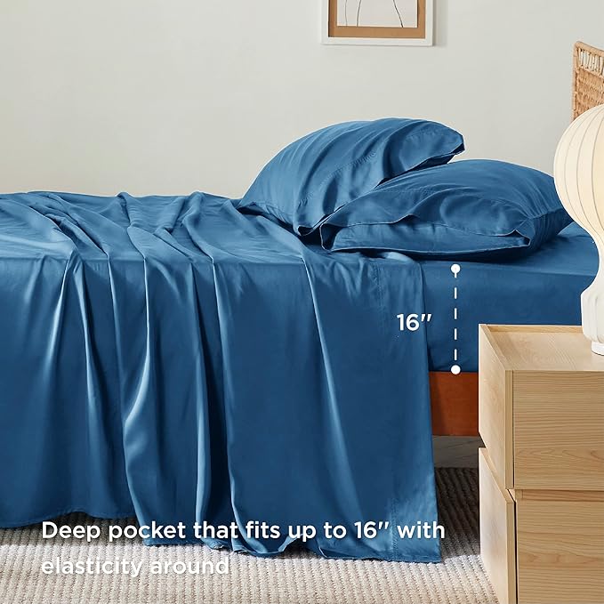 Bedsure California King Sheet Sets, Cooling Sheets, Rayon Derived from Bamboo, Breathable & Soft, Deep Pocket Up to 16 Inches, Hotel Luxury Silky Bedding for Hot Sleepers, Peacock Blue