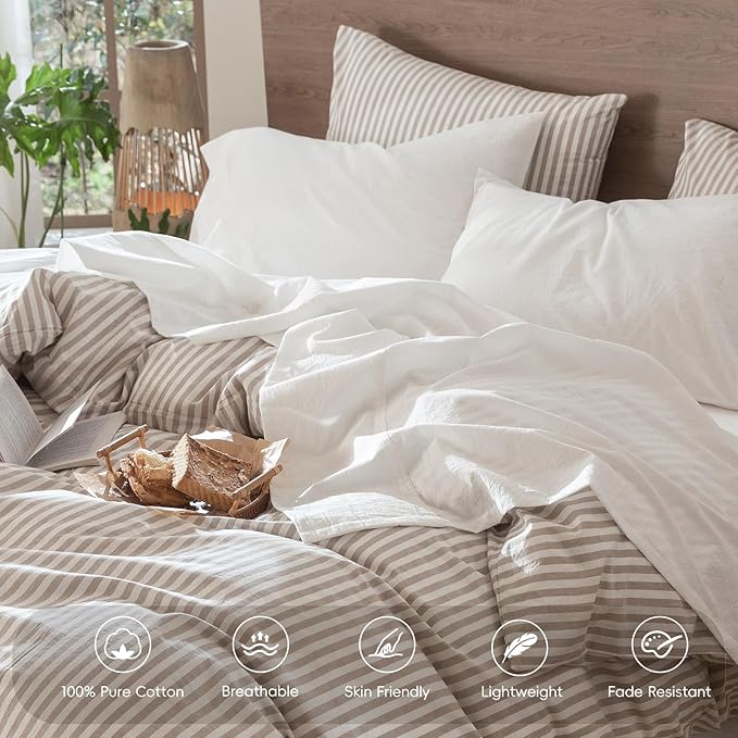 MooMee Bedding Sheet Set 100% Washed Cotton Linen Like Textured Breathable Durable Soft Comfy (Solid Off White, California King)
