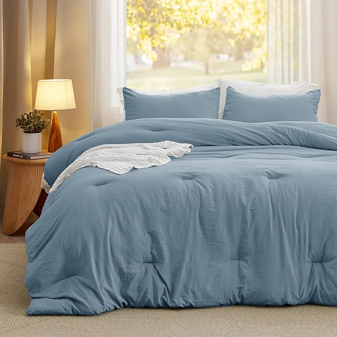 Bedsure King Size Comforter Set, Grayish Blue Soft Prewashed Bedding for All Seasons, 3 Pieces GentleSoft™ Down Alternative Bed Set, 1 Lightweight Comforter (104"x90") and 2 Pillowcases (20"x36")