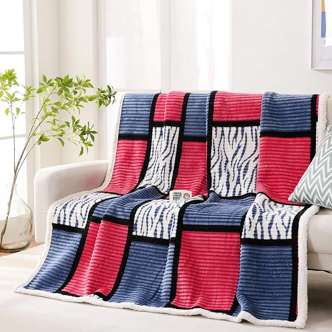 PU MEI Sherpa Blanket Fleece Throw Blanket Queen Plaid Thick Bed Blanket, Soft Warm Cozy Throw Blanket, 80”*90” Zabra-Navy Pink