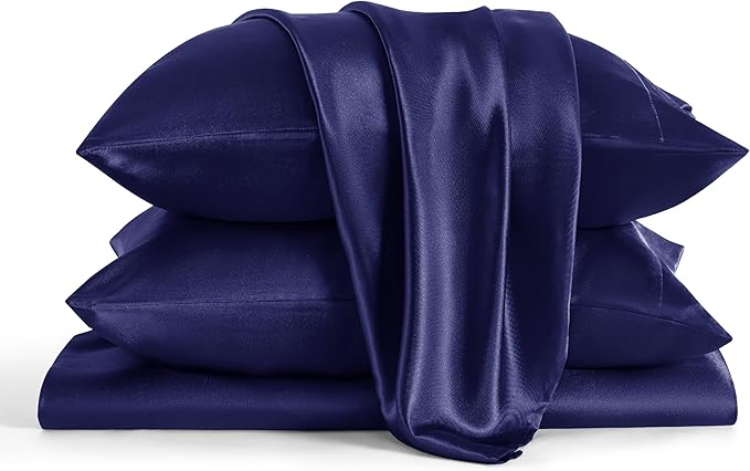Bedsure Satin Sheets Full Size - 4 Piece Silky Bedsheets with 15 Inches Deep Pocket Fitted Bedsheet,1 Flat Sheet, 2 Satin Pillowcases, Good for Hair & Skin (Full, Navy)