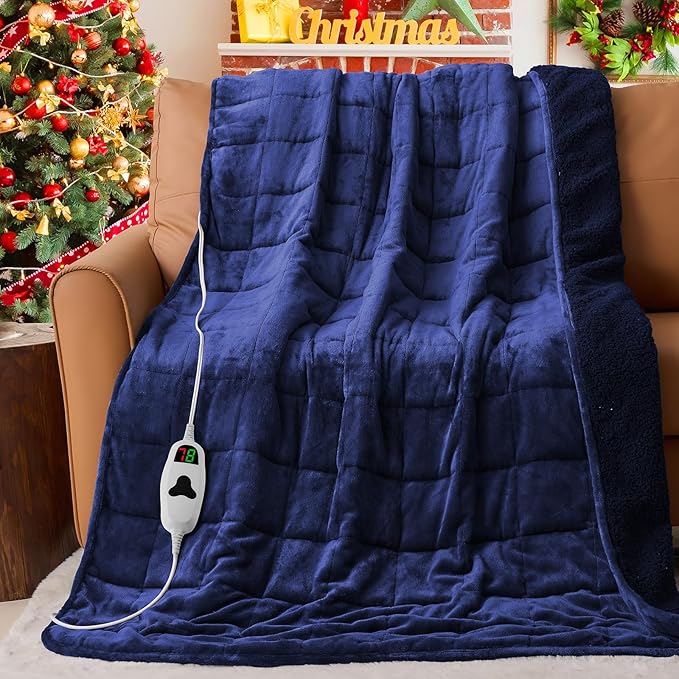 CYMULA Heated Weighted Blanket for Adults, Weighted Heated Blanket 48" x 72", 15lbs Sherpa Fleece Weighted Electric Blanket Soft Heating Blanket with 10 Heating Levels & 1-8 Hours Auto Off, Navy