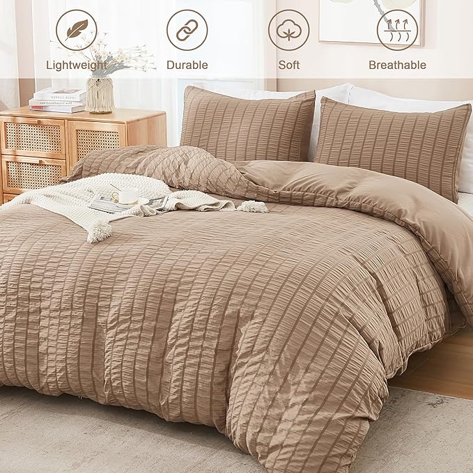 AveLom Taupe Duvet Cover Full(80 x 90 inches), 3 Pieces (1 Duvet Cover, 2 Pillow Cases),Seersucker Tripe Soft Washed Microfiber Textured Duvet Cover Set with Zipper Closure, Corner Ties