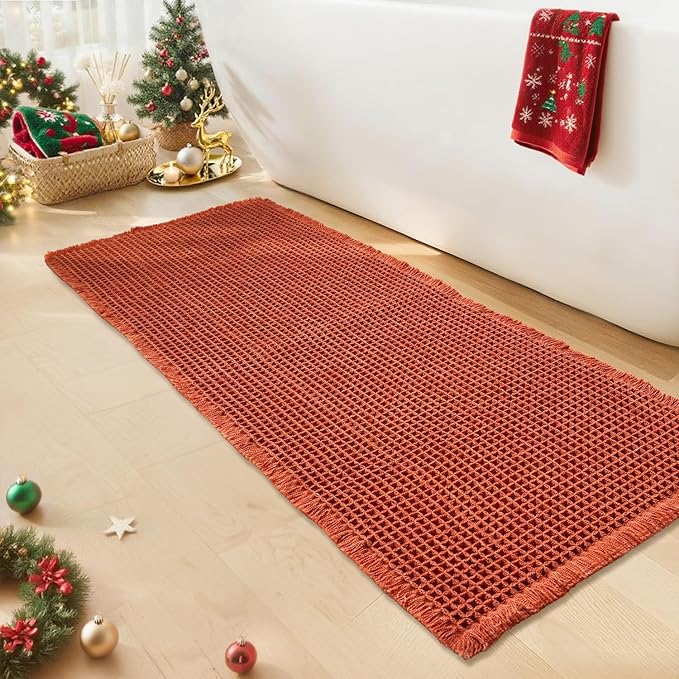Waffle Runner Bath Mat - Long Boho Bathroom Rugs Non Slip Washable, Super Absorbent & Quick Dry, Soft Bath Mat Farmhouse Bathroom Decor, 24'' x 60'', Dirty Orange