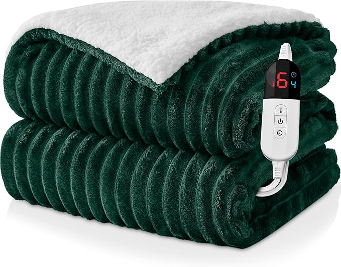 Electric Heated Blanket Full Size - 72"x84" Fast Heating Bed Blankets with 6 Heating Levels & 10 Hours Auto Off, Soft Ribbed Flannel Sherpa, Over-Heated Protection ETL, Dark Green