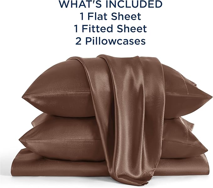 Bedsure Satin Sheets Full Size - 4 Piece Silky Bedsheets with 15 Inches Deep Pocket Fitted Bedsheet,1 Flat Sheet, 2 Satin Pillowcases, Good for Hair & Skin (Full, Coffee)