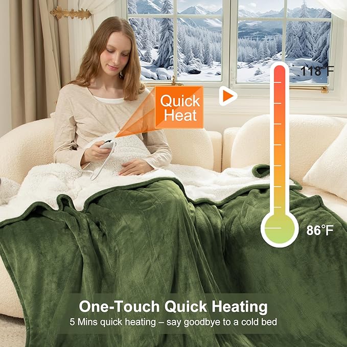 Electric Blanket Full Size Fast Heating- 72 x 84 Inch Heated Blanket Full with 6 Heat Settings, 10 Hours Timer Settings, Overheat Protection, Washable Heating Blanket for Bed Couch, Green