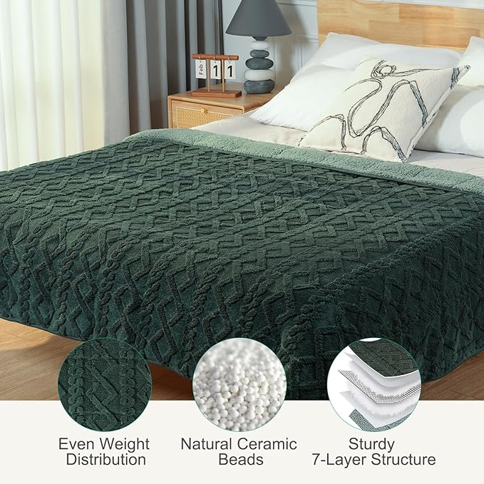 Sherpa Fleece Adult Weighted Blanket Great for Sleep, 20 lbs Dual Sided Soft Fuzzy Heavy Blankets for Couch Bed Sofa, Cozy Warm Fluffy Jacquard Throw for Winter (Green, 60" x 80", 20 Pounds)