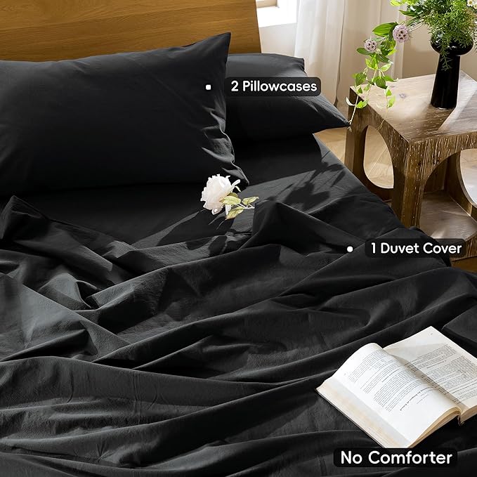 MooMee Bedding Duvet Cover Set 100% Washed Cotton Linen Like Textured Breathable Durable Soft Comfy (Solid Black, Super King Plus 120"x120")
