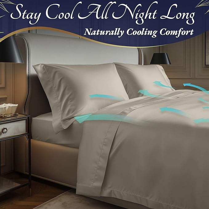 DECOLURE 100% Viscose Derived from Bamboo Sheets Cal King Size 4pcs - Ultra Soft & Luxuriously Cooling, 17" Deep Pocket, Double Stitching, Perfect for Hot Sleepers - King Bed Sheets (Taupe)