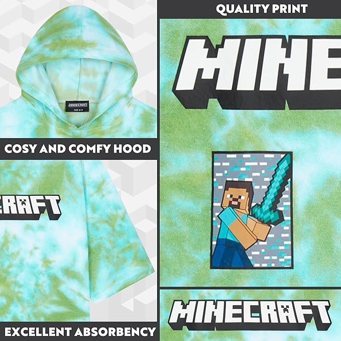 Minecraft Towelling Poncho Kids Teens Hooded Bath Towels Absorbent Beach Towel (Green Tie Dye, 6-9 Years)