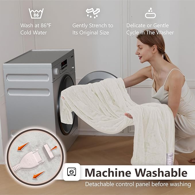 Wapaneus Heated Blanket Electric Twin Size 62"x84" with 10 Heating Levels 12 Timer Settings 8 Hours Auto-Shut Off,Flannel Fast-Heating Electric Blanket,ETL Listed Machine Washable,Ivory