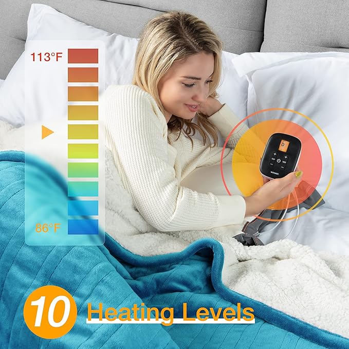 WOOMER Electric Blanket Full Size,Durable Flannel and Soft Sherpa,Dual Control,77”×84” Heated Throw Blanket, 10 Heat Levels&0.5-12h auto-Off,Energy Efficient,ETL Certified