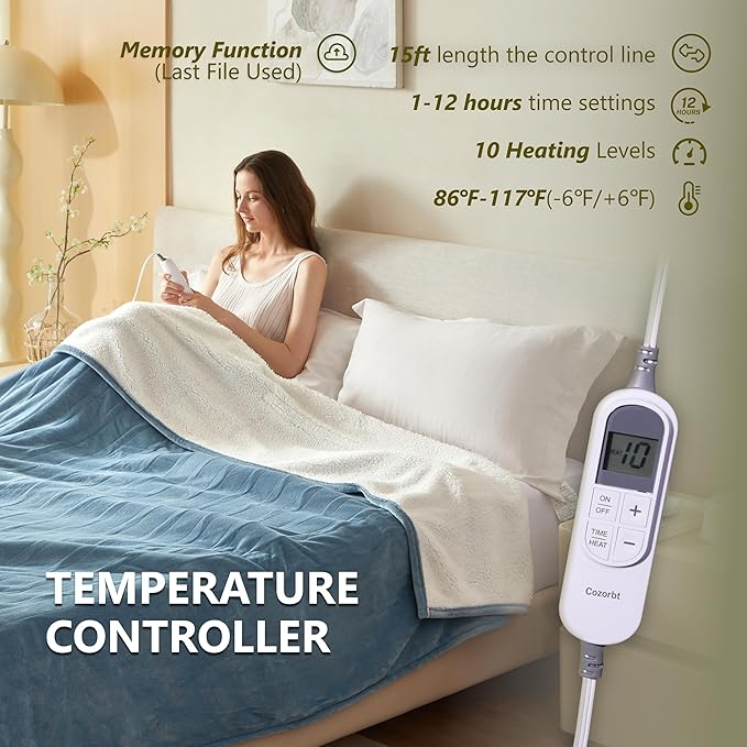 Heat Blanket 50”x60” Throw,Soft Flannel & Sherpa Reversible Electric Blanket with 10 Heat Settings,12 Timer Setting and 3 Hours Auto-Shut Off,ETL Certified Machine Washable,Light Blue