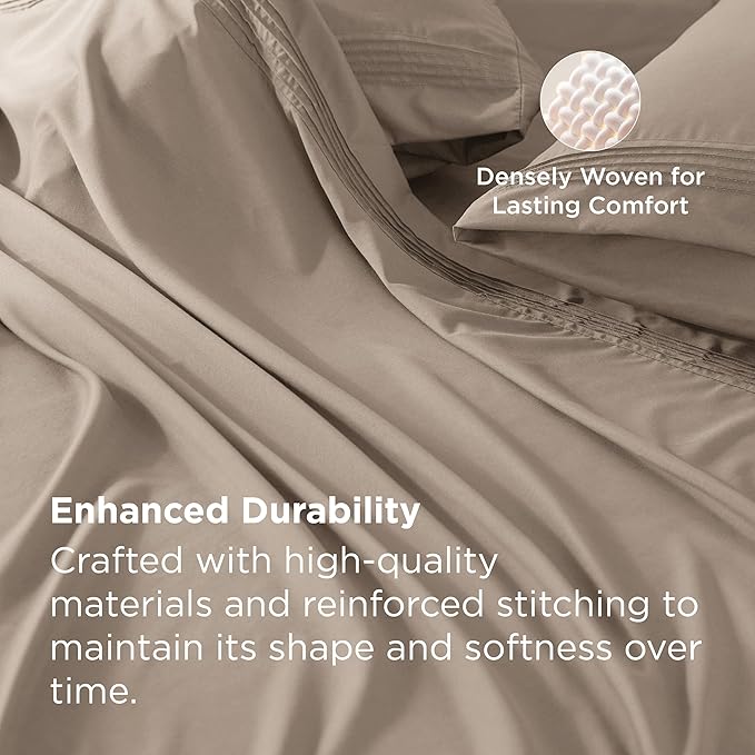 Bedsure Deep Pocket Queen Sheets Set - Fits Mattresses Up to 21 Inches Thick - 4 Piece GentleSoft Bed Sheets, Moisture Wicking, Soft & Cooling Bedsheet & Pillowcases, Easy & Secure Fit, Taupe