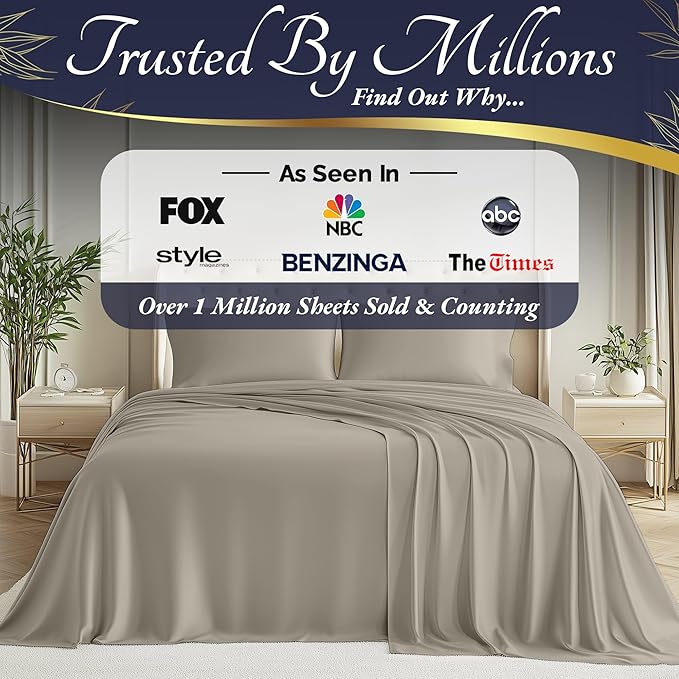 DECOLURE 100% Viscose Derived from Bamboo Sheets Twin Size 3pcs - Ultra Soft & Luxuriously Cooling, 17" Deep Pocket, Double Stitching, Perfect for Hot Sleepers - Twin Bed Sheets (Taupe)