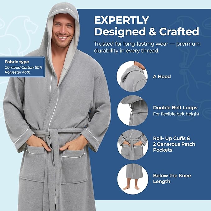 MONARCH Hooded Terry Shawl Collar Unisex Bathrobe – Thick Terrycloth Fabric, Generously Sized Hotel & Spa Robe with Pockets