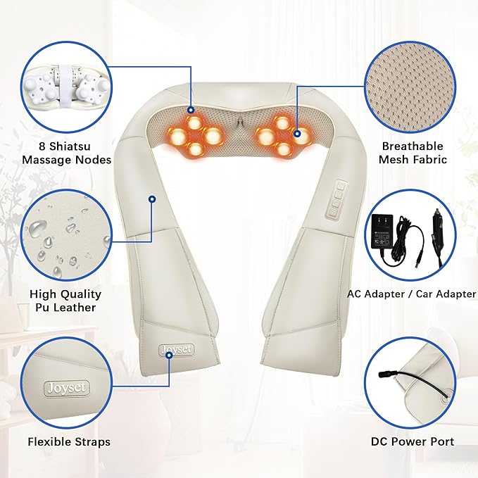 Joyset Shiatsu Neck and Back Massager with Heat,Electric Shoulder Massager for Pain Relief Deep Tissue,3D Kneading Massage with Cloth Cover Easy to Clean Best Gift for Men Women Parents (Khaki)
