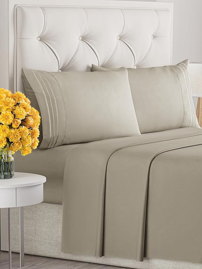 Queen Size 4 Piece Sheet Set - Extra Soft, Breathable & Cooling Sheets - Hotel Luxury Durable Bed Sheets for Women & Men - Deep Pockets, Easy-Fit & Wrinkle-Free Sheets - Taupe Oeko-Tex Bed Sheet Set