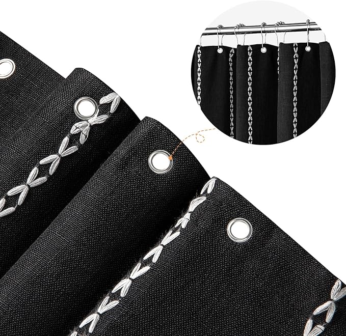 MitoVilla Black Boho Fabric Shower Curtain, Modern Farmhouse Polyester Linen Shower Curtains for Vintage Rustic Bathroom Decor, Country Tassel Thick Cloth Shower Curtain, 72 x 72