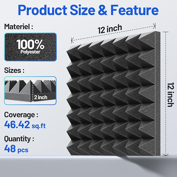 48 Pack Pyramid Sound Proof Foam Panels for Walls with Updated Self-Adhesive 2"X12"X12" High Density Acoustic Panels Sound Absorbing Fast-Expanding Soundproof Wall Panels for Gaming Studio Decor-Black