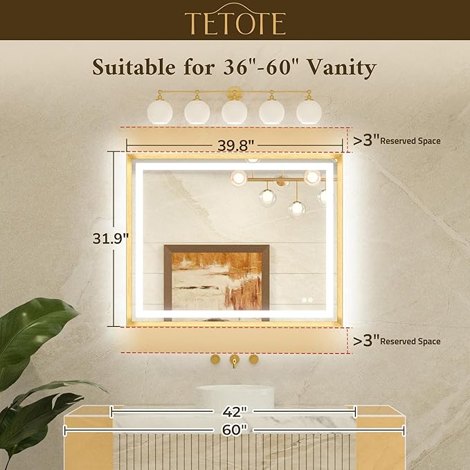 TETOTE 40 x 32 Led Mirror Brushed Black Metal Frame Frontlit & Backlit Vanity Mirror Anti-Fog Stepless Dimmable 3 Colors White/Warm/Natural Wall Mirror with Lights Wall-Mounted