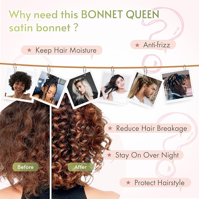 BONNET QUEEN Silk Bonnet for Sleeping Women Satin Bonnet Night Sleep Cap Wrap for Curly Hair with Adjustable Tie Band,Pink