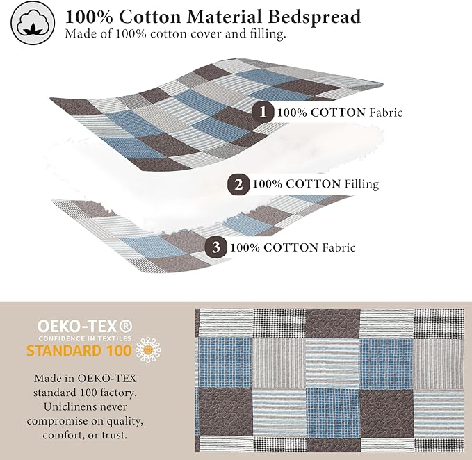 Uniclinens Plaid Quilt Set King Size, 100% Cotton Patchwork Quilt Bedding Set Bedspreads, Farmhouse Lightweight Comforter Quilted Quilt, 3 Pieces Set with 2 Pillowshams, Blue/Brown/White