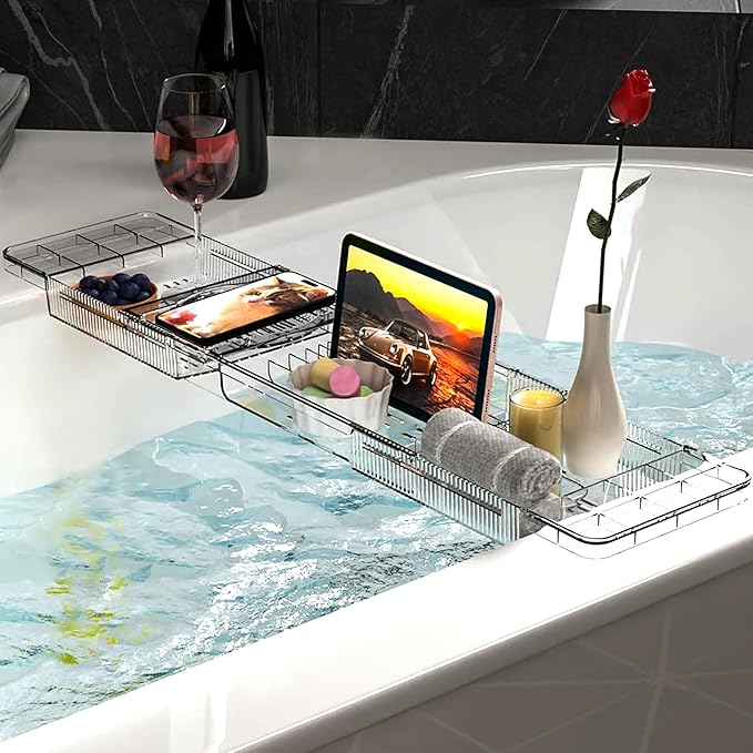 Expandable Bathtub Tray,Clear Plastic Anti-Slip Bath Tub Shelf Caddy Tray,Luxury Bathtub & Bathroom Accessories for Relaxing Spa,Suitable for bathtubs with an Internal Width of up to 29.5 inch
