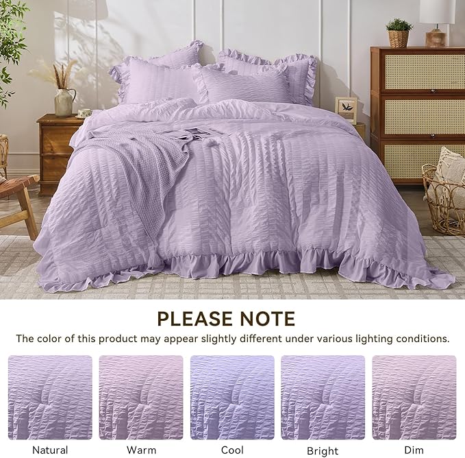 JOLLYVOGUE Lavender Twin Size Comforter Set, 2 Pieces Seersucker Lightweight Fluffy Bedding Set, Twin Ruffle Comforter, All Season Soft Microfiber Shabby Chic Bed Set