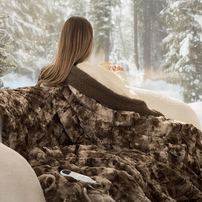 Bedsure Faux Fur Heated Blanket Throw Blanket, Fast Heating Electric Blanket with 6 Heating Levels & 4 Time Settings, Cozy Gifts for Women Men (50x60 inches, Dark Chocolate)