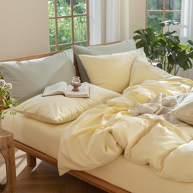 MooMee Bedding Duvet Cover Set 100% Washed Cotton Linen Like Textured Breathable Durable Soft Comfy (Heathered Butter Yellow, Full 80"x90")