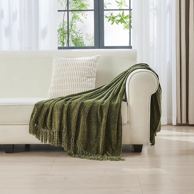 CozeCube Chenille Throw Blanket for Couch, Cozy Plush Fuzzy Decorative Olive Green Blanket with Fringe Tassels, Lightweight Throws for Bed Sofa Gift Home Decor, 50"X60"