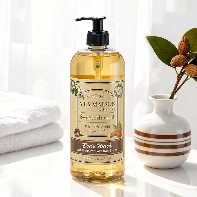 A LA MAISON French Hydrating Liquid Body Wash, Sweet Almond - Natural Body Wash Made with Essential Oils - Biodegradable, Plant-Based, Vegan, Cruelty-Free, Alcohol & Paraben Free (25.36 oz, 1 Pack)