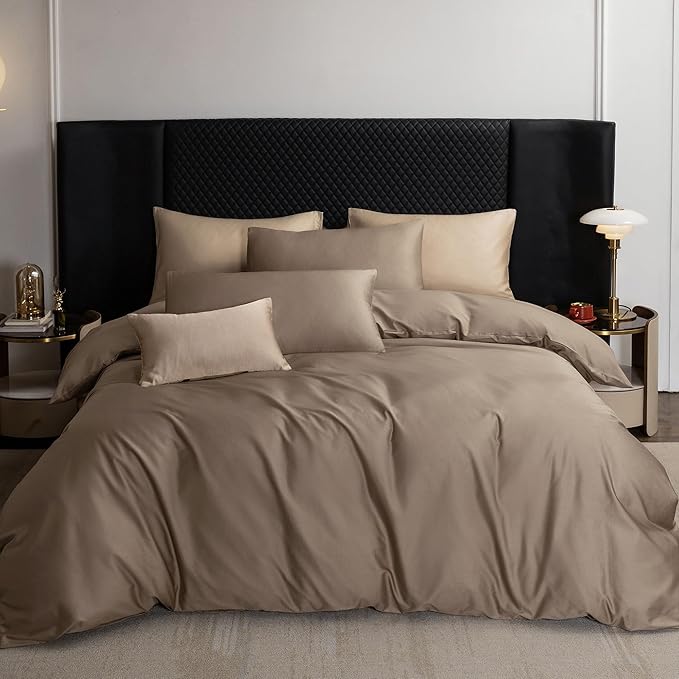 MooMee Duvet Cover Set 100% Extra Long Staple Cotton 600 Thread Count Silky Sateen Smooth Luxury Soft Breathable Durable Hotel Quality Bedding, 3 Pieces (Mocha Brown, King 104"x90")