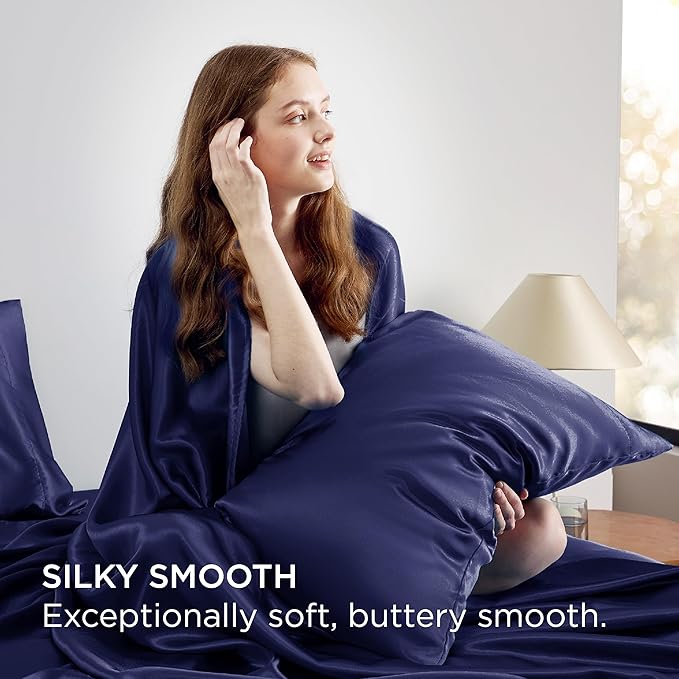 Bedsure Satin Sheets Full Size - 4 Piece Silky Bedsheets with 15 Inches Deep Pocket Fitted Bedsheet,1 Flat Sheet, 2 Satin Pillowcases, Good for Hair & Skin (Full, Navy)