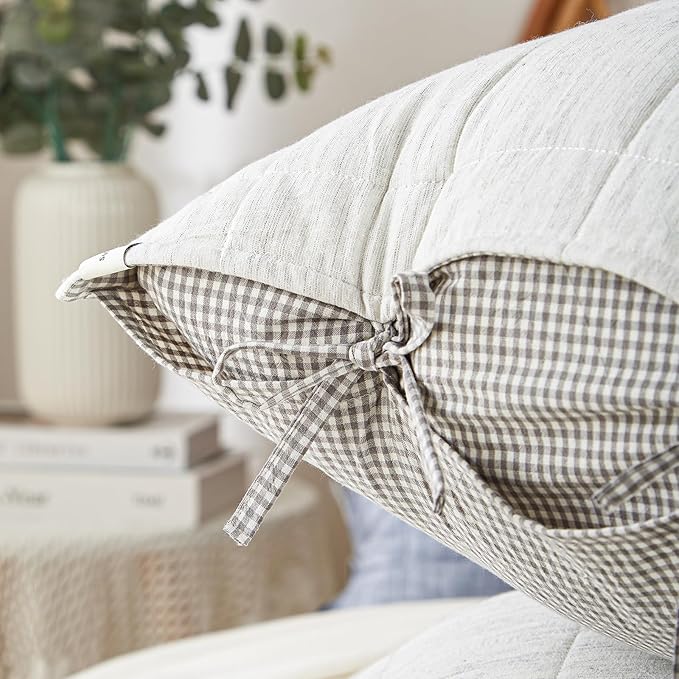 White Twin Quilt， Cotton Linen Twin Quilt Bedding Set，2-Pieces Quilted with Grey Gingham Coverlet Light Weight Bedding comforters with 1 Pillow Sham