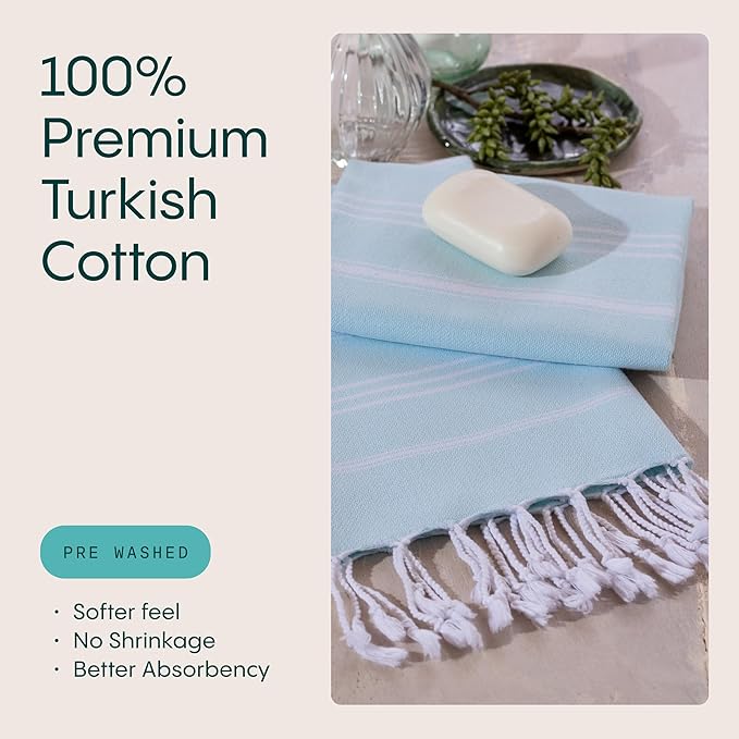 WETCAT Turkish Hand Towels with Hanging Loop, Set of 2 (20" x 30") 100% Turkish Cotton, Pre-Washed, Quick Drying, for Kitchen or Bathroom - Aqua