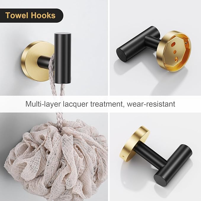 Lairuier 5 Pieces Black Gold Bathroom Accessories Set, 23.6 Inch Bath Towel Bar Set, SUS304 Stainless Steel Bathroom Hardware Set Round Toilet Paper Holder Set Wall Mounted