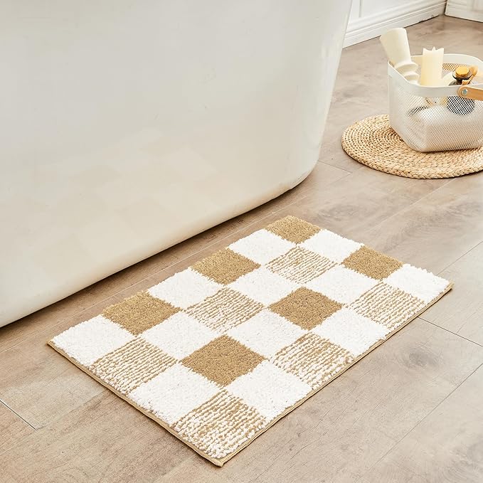 CozeCube Bath mats for Bathroom Non Slip, Fluffy Absorbent Microfiber Bath mat Washable, Aesthetic Bathroom Rugs, Long Beige Checkered Bath Runner, Beige, 59" x 24"