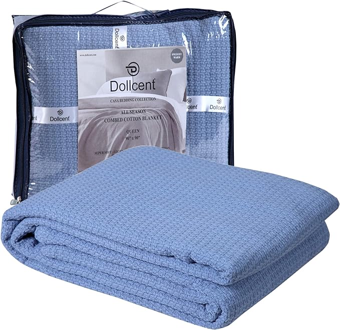 DOLLCENT 100% Cotton Queen Size Blanket for Bed, Premium Soft Combed Lightweight Blankets, Washed Breathable Cozy Bed Throw Blanket, Blue Queen Cotton Blankets for All Season: Blue (90"x90")