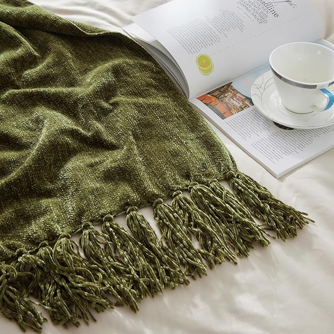 CozeCube Chenille Throw Blanket for Couch, Cozy Plush Fuzzy Decorative Olive Green Blanket with Fringe Tassels, Lightweight Throws for Bed Sofa Gift Home Decor, 50"X60"